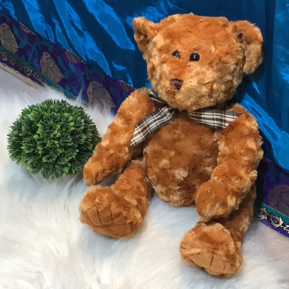 Goffa very soft plush teddy bear plaid bow 15 inch